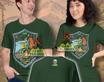 T-shirt unisexe, Feu de camp, Squelette, Histoires de fantômes, Camping, Randonnée, Camping sous tente, Rivière, Arbres, Heure du conte, Guitare, Lecteur musical, Randonnée