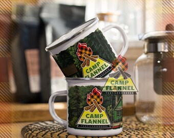 Mug en émail, flanelle de camping, 12 oz, tasse, métal, cacao chaud, café chaud, camping, vacances, retraite, plaid, feu, escapade estivale, thé chaud