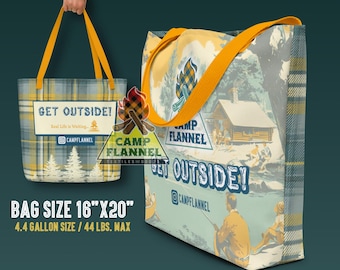 Camp Flannel All-Over Print Large Tote Bag, Summer Vibes, Plaid Flannel Tartan Design, Beach Bag, Camping Bag, Foraging, Get Outside, Analog