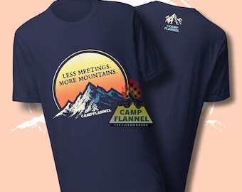 T-shirt unisexe, moins de réunions, plus de montagnes, flanelle de camping, camping, randonnée, randonnée, plein air, sweat à capuche pour les vacances, cadeaux pour les moins de 50 ans, thérapie