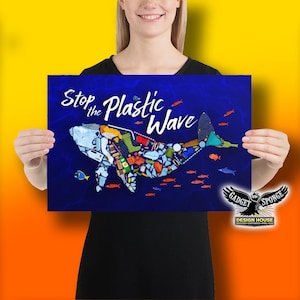 Detenga la ola de plástico Salvemos nuestros océanos Afiche en papel fotográfico Conservación Naturaleza Basura Peces Vida silvestre Contaminación Bolsas Botellas ¡ENVÍO GRATIS!