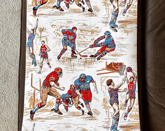 Vintage Imperial Guaranteed Wallcoverings Roll of SPORTS Themed Wallpaper, Football, Basketball, Hockey, Retro Illustrations, Feet, Red Blue