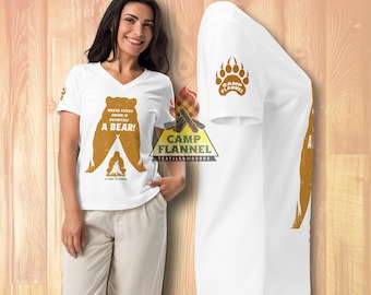 T-shirt décontracté à col en V pour femme, Bruits d'ours, grizzly, ours noir, tente, horreur, attaque d'ours, camping sous tente, animal sauvage, chemise de camping, t-shirt