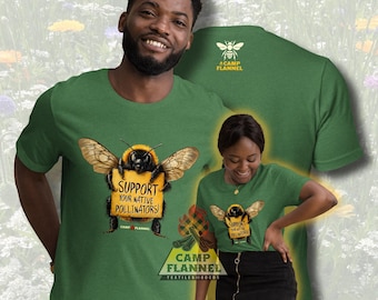 T-shirt unisexe, flanelle de camp, pollinisation, pollinisateurs locaux, abeilles, bourdons, miel, fleurs, nature, agriculture, apiculteur, sauvez les abeilles,