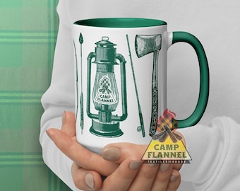Mug avec couleur à l'intérieur, flanelle de camping, tasse, verres, café, thé, cacao, feu de camp, smores, céramique, camping, lanterne, couteau, pêche, flèche