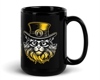 Black glossy mug, Cats, Feline, Steampunk, Victorian, Hat, Pet, Pet Owner, Pet Lover, Fur, Baby, Top Hat, Dapper, Geek, Cyberpunk, Cosplay