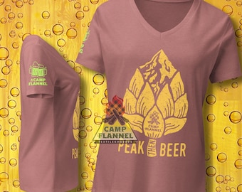 T-shirt décontracté à col en V pour femme, Peak Then Beer, Brasserie, Fêter, Montagne, Escalade, Plage, Randonnée, Randonnée, T-shirt de camping, Camp, Houblon, Alcool