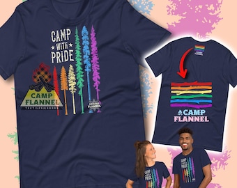 Unisex t-shirt, Camp With Pride, LGBTQ, Forest tee, Camping shirt, Hiking tshirt, Rainbow Trees, Pride Gift, Trans Community, Everygreen