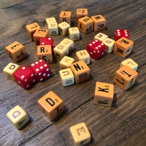 33 - Vintage Game Dice and Roll Piece LOT - Red Numbers Dots Letters - Bracelet Name Necklace - Jewelry Crafts Destash Gametime Play Night