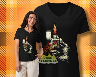 T-shirt décontracté à col en V pour femme, briquet de poche, feu, feu de camp, camping, fumée, cigarettes, style Zippo, extérieur, flamme, fumée