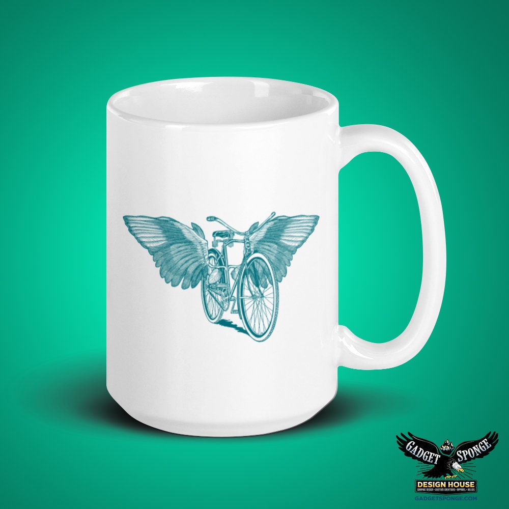 Flying, Bicycle, Wings, Mug, Ceramic, Bike, Angel, Feather, Feathers, Coffee, Tea, Hot, Cocoa, Cycling, Cycle, Teal, Blue, Transportation