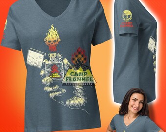 Women’s relaxed v-neck t-shirt, Pocket Lighter, skeleton, Camp fire, camping, smoke, cigarettes, Zippo style, skull, outdoors, flame, smoke