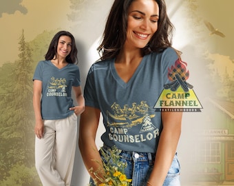 T-shirt à col en V en canoë pour moniteur de camp, coupe décontractée, t-shirt graphique de camping rétro
