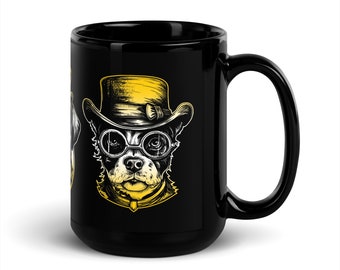 Black Glossy Mug, Dogs, Canine, Steampunk, Victorian, Hat, Pet, Pet Owner, Pet Lover, Fur, Baby, Top Hat, Dapper, Geek, Cyberpunk, Cosplay