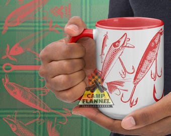 Mug with Color Inside, Outdoors, Boating, Lakehouse, Gear, Hooks, Cabin, Fish, Sports, Bait, Gone Fishing