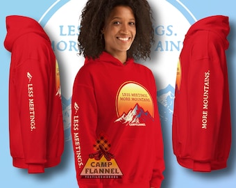 Sweat à capuche unisexe, Moins de réunions, Plus de montagnes, Camp de flanelle, Camping, Randonnée, Randonnée, Plein air, Sweat à capuche de vacances, Cadeaux de moins de 50 ans, Thérapie