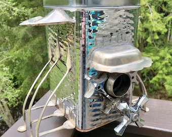 Birdhouse, Bird house Repurposed Upcycled Total Custom Silverplate Chrome Flour Kitchen Canister Forks Spoons Found Objects Metal Recycled