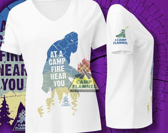 Women’s relaxed v-neck t-shirt, Camp Flannel, Bigfoot, Sasquatch Yeti, Monster, Skunk Ape, Legend, Summer Camp, Campfire, Camping, Hiking