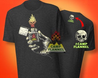 Unisex t-shirt, Pocket Lighter, skeleton, Gift for Him, Camp fire, camping, smoke, cigarettes, Zippo style, skull, outdoors, flame, smoke