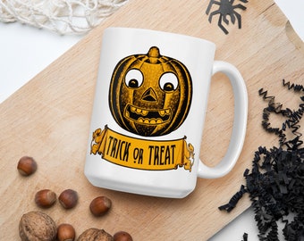 Halloween Trick or Treat Pumpkin Jackolantern White glossy mug Jack O Lantern retro vintage Fall Harvest Holiday Coffee Hot Cocoa Chocolate