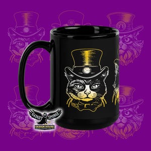 Black glossy mug, Cats, Feline, Steampunk, Victorian, Hat, Pet, Pet Owner, Pet Lover, Fur, Baby, Top Hat, Dapper, Geek, Cyberpunk, Cosplay