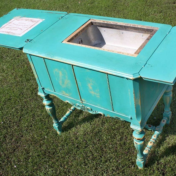 Repurposed Upcycled Distressed Sewing Machine Storage Cabinet Side Table of Recycled Found Objects