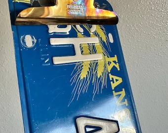 Kansas Repurposed License Plate Clipboard, State, Wall Decor, Numbers, Clip, Industrial, Sign, Car, Truck, 1988, Wheat, Blue