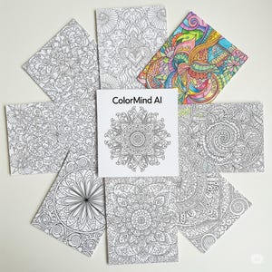 Puede incluir: Una colección de páginas de libros para colorear para adultos, con intrincados diseños de mandalas y flores. Una página está completamente coloreada con colores vibrantes, mientras que las otras son en blanco y negro. La página central muestra el texto "ColorMind AI".