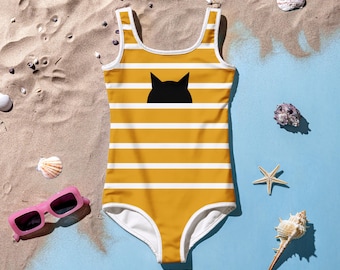 Summer Yellow swimsuit for Kitten lovers Girls, Beachwear for stylish minimalist child. Entry#247. Salt Haze, Solar, Kids