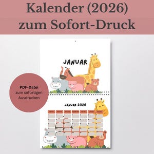 Children&#39;s wall calendar 2026 with animals to print | PDF annual calendar DINA4 | Digital animal calendar for children&#39;s rooms | Printable calendar