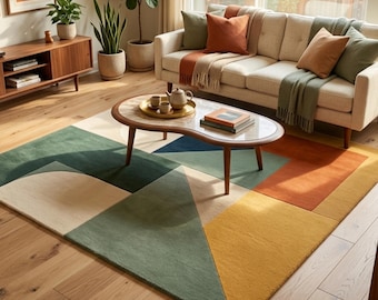 Hand Tufted Wool Rug, Modern Geometric Abstract Carpet, Mid Century Living Room Decor