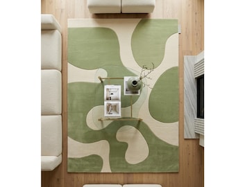 Hand Tufted Wool Rug | Sage Green Abstract Organic Design, Living Room Statement Piece