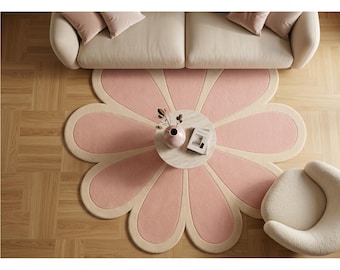 Tappeto in lana a forma di margherita rosa / Tappeto per cameretta a forma di fiore, trapuntato a mano