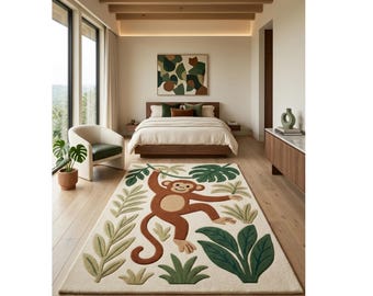 Hand Tufted Wool Monkey Rug | Jungle Safari Nursery Decor, Playroom Carpet