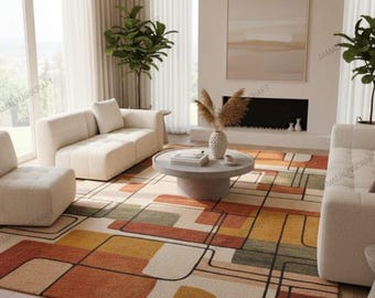 Hand Tufted Wool Rug Mid Century Modern Geometric Terracotta Area Carpet