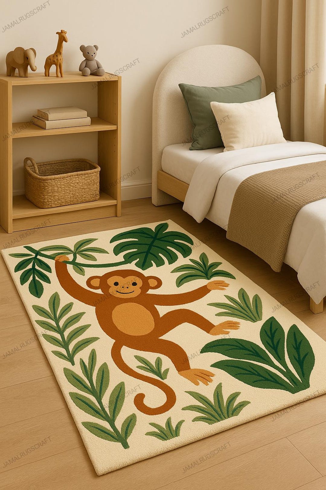 Hand Tufted Jungle Monkey Rug for Kids Room,beige Green Brown Animal ...