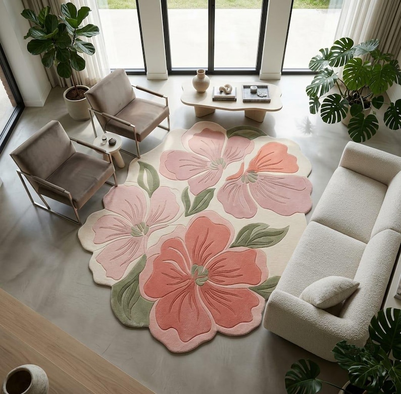 Pastel Color Rug Hand-tufted Floral Wool Rug, Pastel Pink Botanical Area Carpet - Etsy