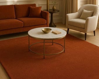 Terracotta Wool Rug - Hand Tufted Rust Area Rug for Warm Minimalist Living Room Decor