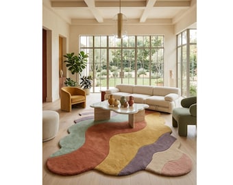 Hand Tufted Wool Area Rug, Abstract Wavy Carpet, Modern Living Room Decor