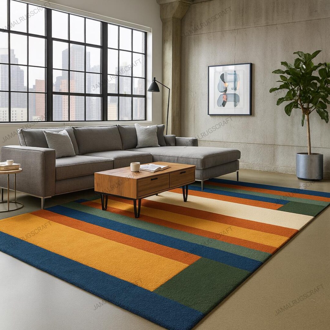 Hand Tufted Geometric Rug – Modern Orange, Blue, and Green Carpet - Etsy