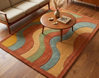 Hand Tufted Wool Rug | Abstract Mid Century Terracotta Sage Carpet