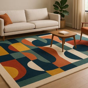 Mid Century Modern Geometric Rug – Colorful Abstract Hand Tufted Carpet in Teal, Rust, Mustard and Cream for Living Room and Home Decor