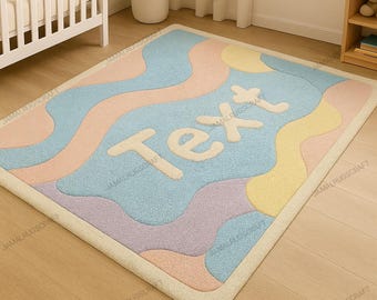 Hand Tufted Wool Baby Room Carpet, Pastel Abstract Nursery Rug, Personalized Name Playroom Rug