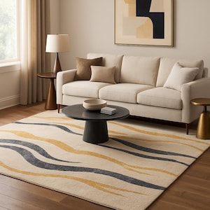 Hand Tufted Wool Rug: Beige, Charcoal, and Gold Abstract Design