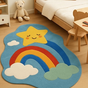 Limited Time! Cute Rainbow Star Kids Rug | Hand Tufted Irregular Shape | Soft Wool Nursery Carpet | Perfect Gift | Baby Room Sale| Play Room
