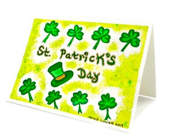 St. Patrick's Day Art Card, Original Hand Painted Shamrocks w/ Leprechaun Hat Watercolor, Festive Luck of the Irish Art Card