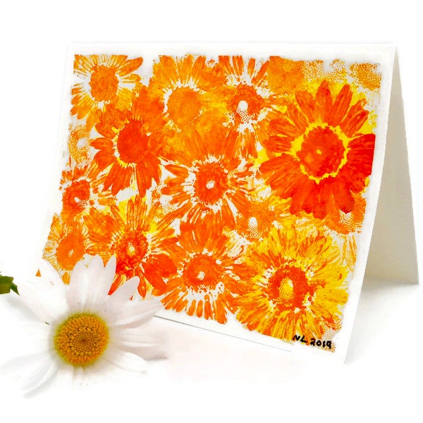 Unique Mothers Day Card Daisy Flower Watercolor Gouache Original Art Handmade Sunny Orange Yellow Daisy Abstract Flower Art Retro Art Card