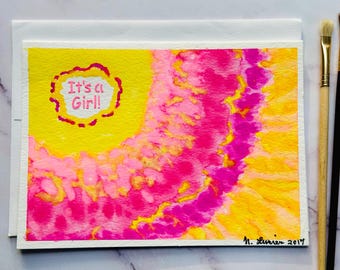 Tarjeta de acuarela para bebé niña: Arte abstracto para guardería, anuncio de nacimiento (5x7)
