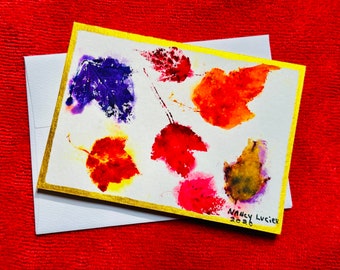 Maple Leaf Watercolor Note Card: Autumn Botanical Art with Gold Border