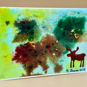 NH Moose Watercolor Art Card: Hand-Painted Maple Leaves (5x7)